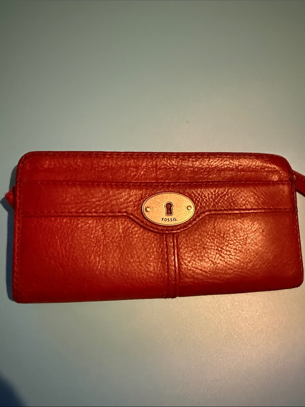 Fossil Red Leather Zip-Around Wallet with Keyhole Plaque